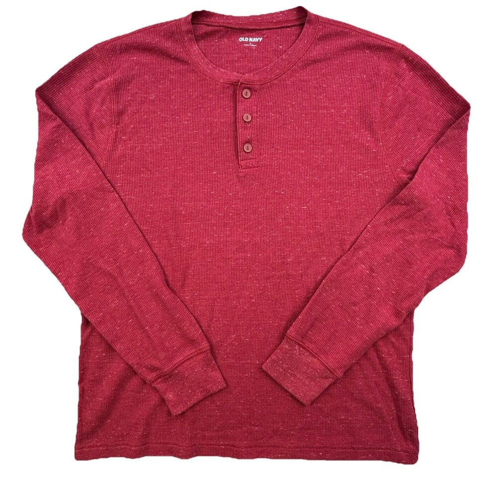 Old Navy Henley Shirt Men’s L Red Waffle Knit Thermal Cotton Long Henley